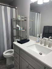 Full bath featuring curtained shower and vanity