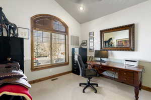 Office area with light carpet and vaulted ceiling