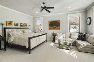 Bedroom featuring ornamental molding, carpet floors, a ceiling fan, and recessed lighting
