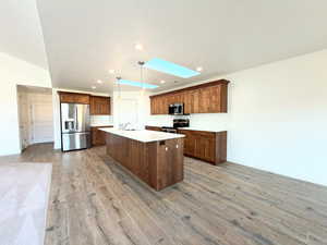 Kitchen with a skylight, stainless steel appliances, hanging light fixtures, and light wood-style flooring