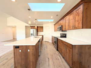 Kitchen with a skylight, stainless steel appliances, wood finish cabinetry, light wood finished floors, and decorative backsplash