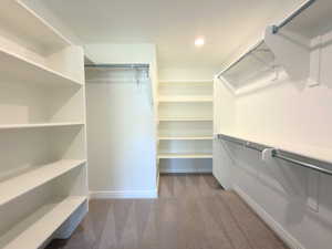 Walk in closet featuring dark carpet