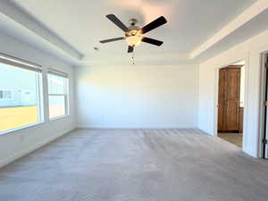 Spare room with a tray ceiling, ceiling fan, and light carpet