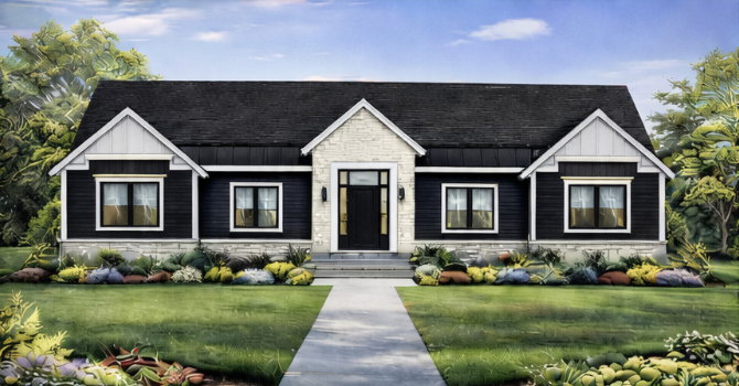 View of front of home featuring stone siding, board and batten siding, and a shingled roof