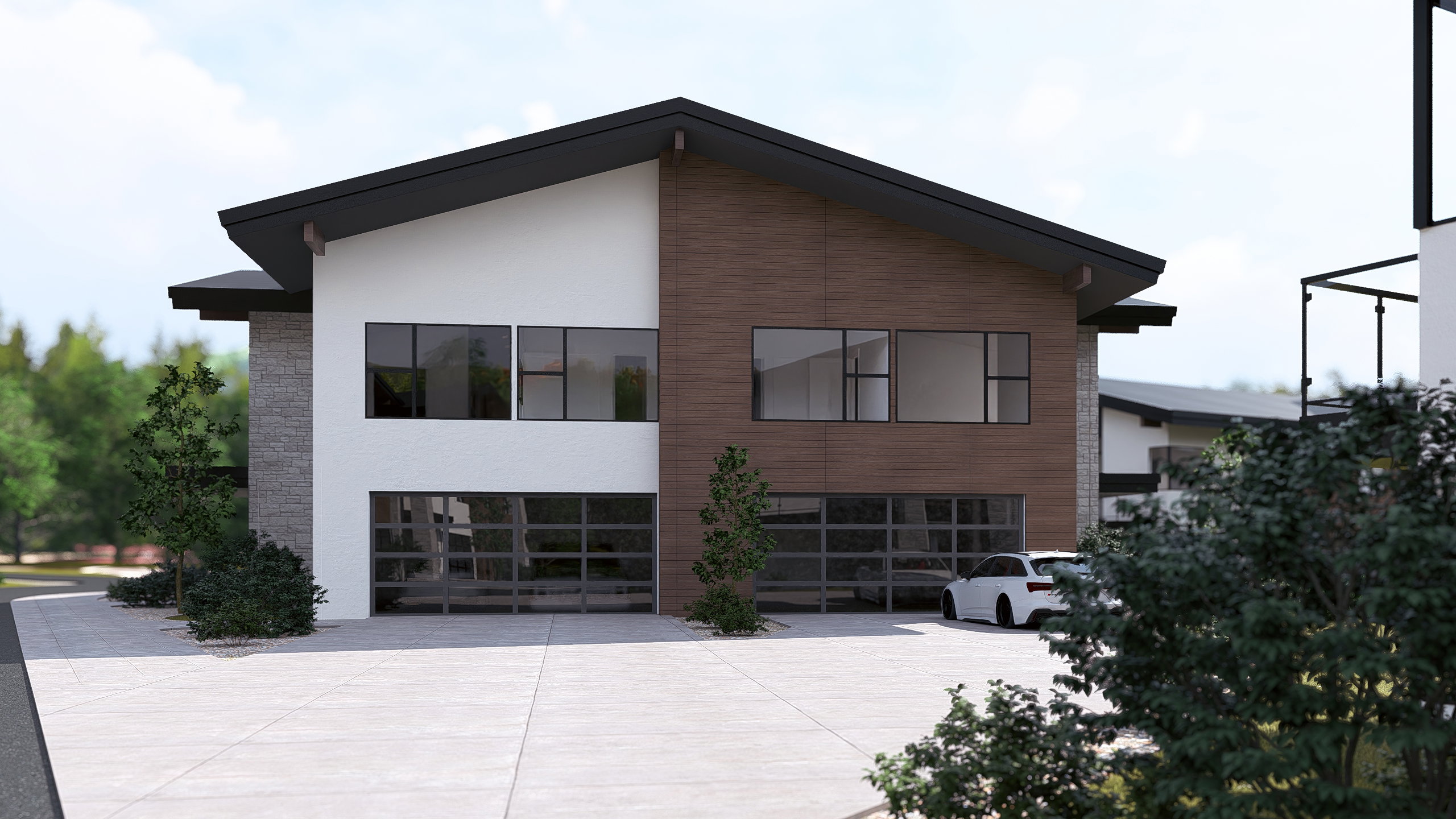 View of side of home with an attached garage, concrete driveway, and stone siding