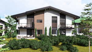 Back of house featuring a balcony, outdoor lounge area, stone siding, and stucco siding