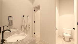 Full bathroom featuring double vanity and light tile patterned floors