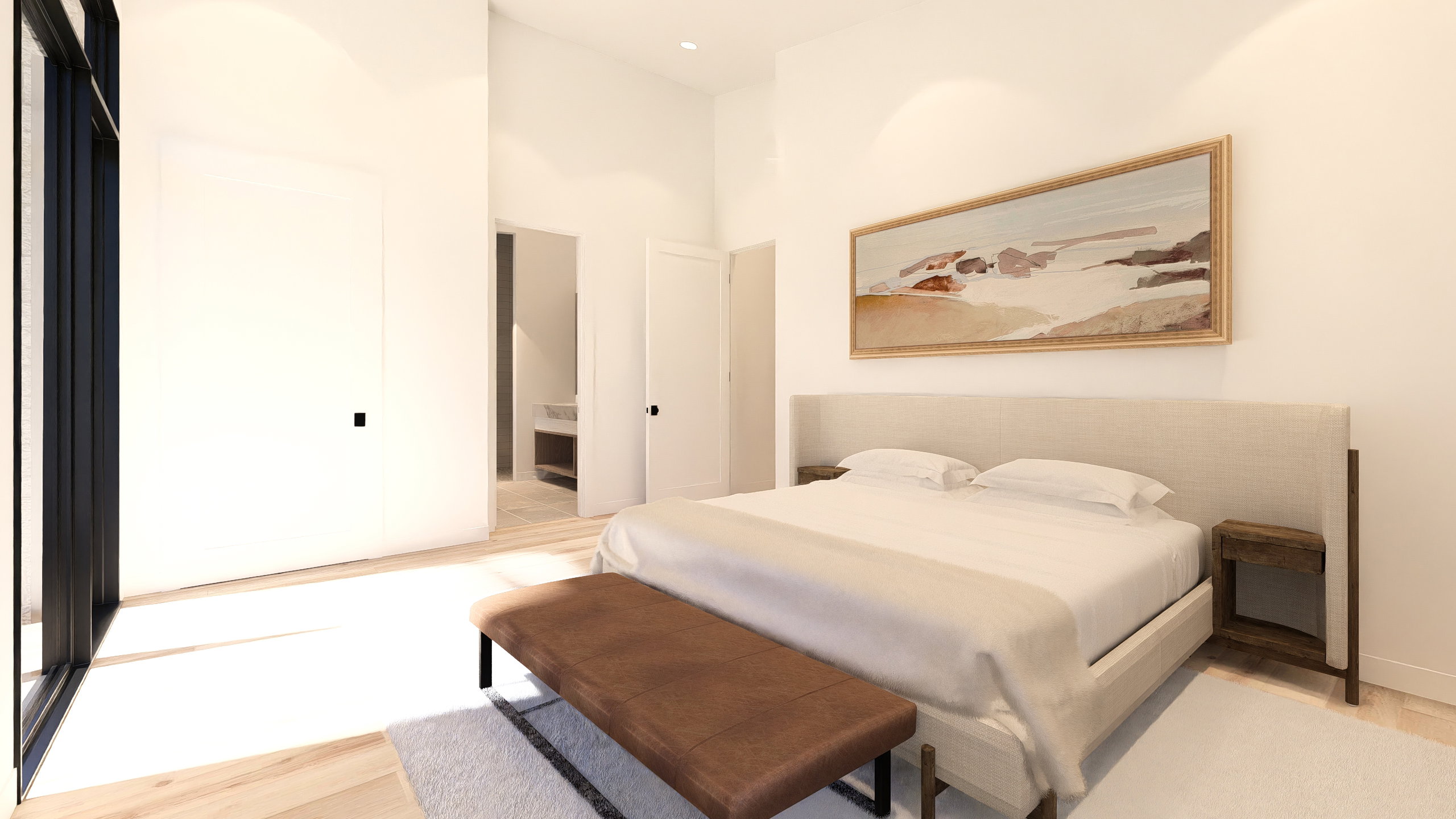 Bedroom featuring a high ceiling and light wood-style flooring