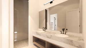 Bathroom featuring double vanity, walk in shower, and light tile patterned floors
