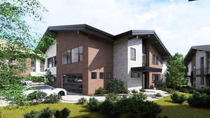 View of front of property featuring a garage and stone siding
