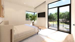 Bedroom with light wood finished floors, access to outside, recessed lighting, and vaulted ceiling
