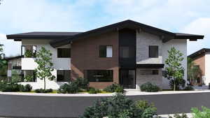 Contemporary house featuring stone siding and stucco siding