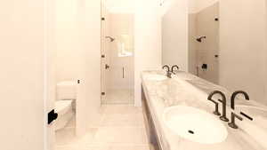 Full bath with double vanity, a shower stall, and light tile patterned floors