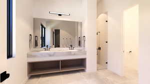 Bathroom with double vanity, a stall shower, and light tile patterned floors