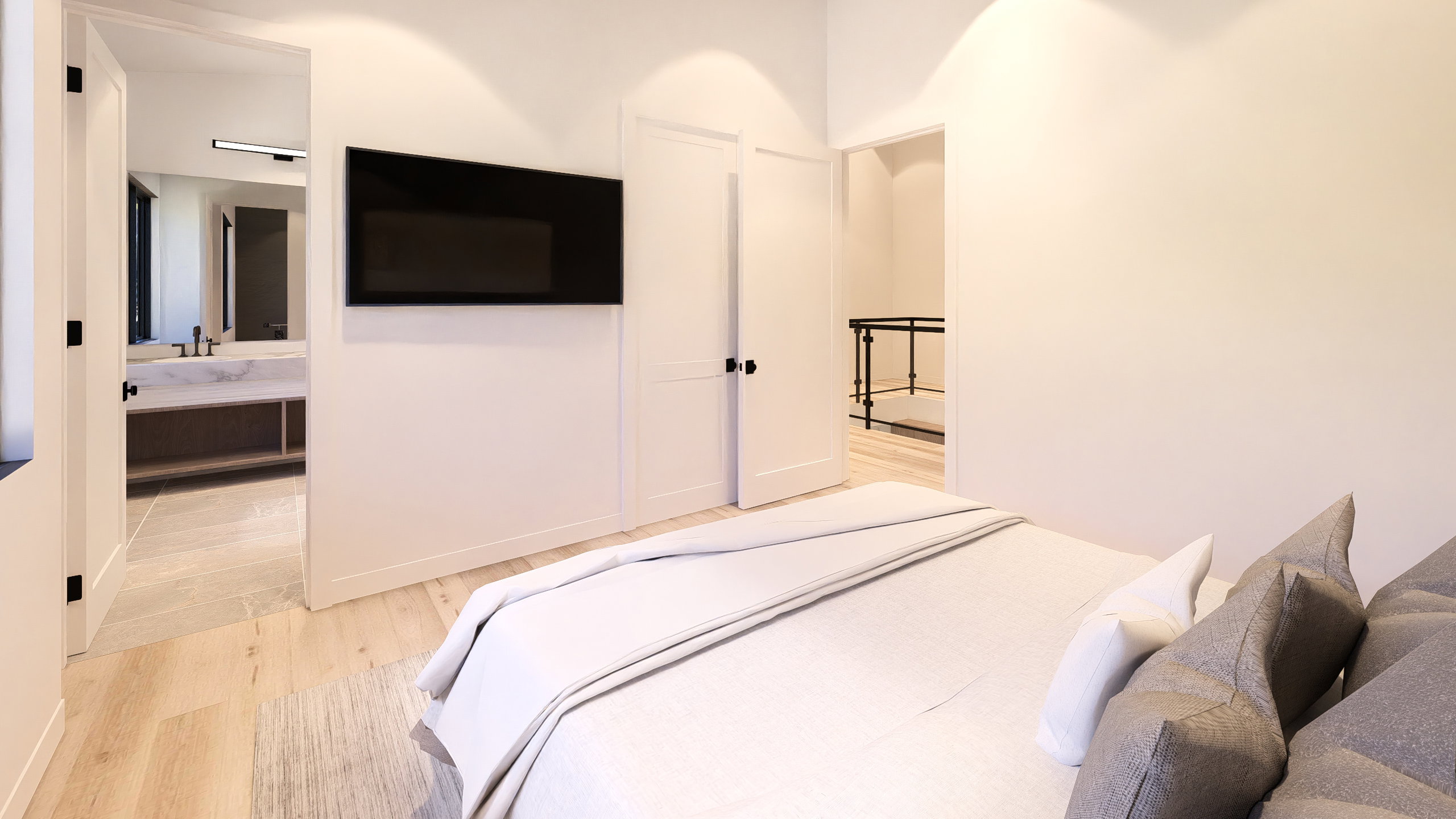 Bedroom featuring light wood-style flooring and connected bathroom