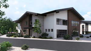 View of side of home with stone siding and stucco siding