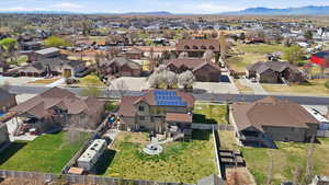 Aerial view of residential area with mountains