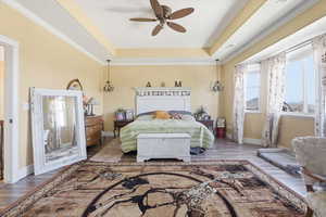 Bedroom featuring a raised ceiling, dark wood-style floors, ornamental molding, and a ceiling fan