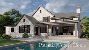 Rear view of property with an outdoor pool, a patio area, and a chimney