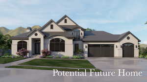 French country style house featuring an attached garage, driveway, stucco siding, and a front lawn