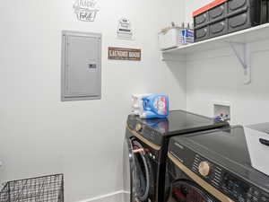Laundry room featuring electric panel and washer and clothes dryer