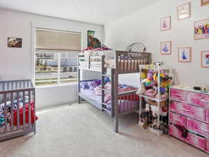 Bedroom featuring light carpet