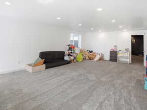 Rec room with carpet flooring and recessed lighting