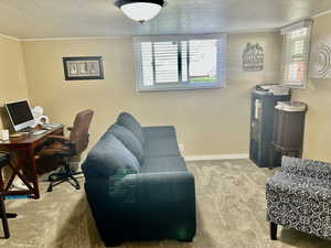 Office area featuring light colored carpet