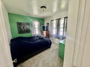 Carpeted bedroom featuring a textured ceiling