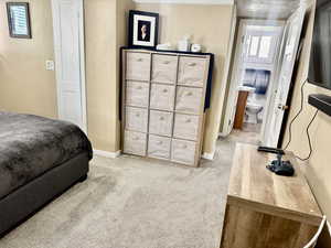 Bedroom with light carpet and baseboards