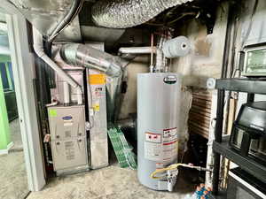 Utility room featuring gas water heater and heating unit