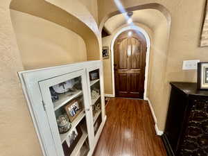 Entrance foyer featuring a textured wall, arched walkways, and dark wood-style floors