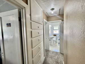 Hallway with a textured ceiling, a textured wall, and light carpet