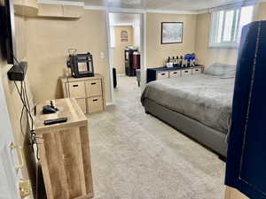 Bedroom with light colored carpet and crown molding