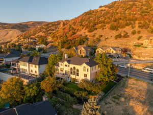 Aerial perspective of suburban area with mountains