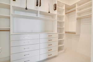 Walk in closet featuring light carpet