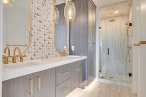Full bathroom with double vanity and a stall shower