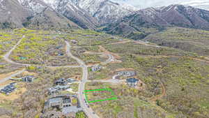 Aerial overview of property's location with mountains and property parcel outlined