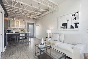 Living area with light wood-style flooring and rail lighting