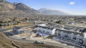 Aerial view of residential area with a mountain backdrop