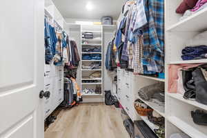 Walk in closet with light wood finished floors