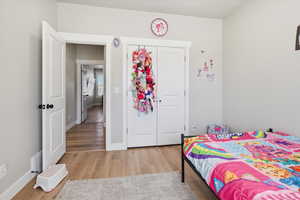 Bedroom featuring light wood finished floors and a closet