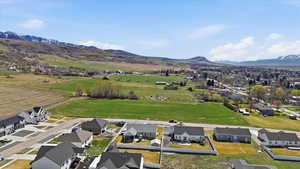 Aerial perspective of suburban area with a mountain backdrop