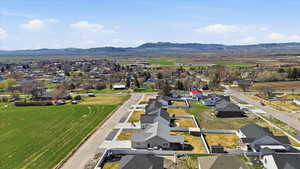 Aerial view of residential area with mountains
