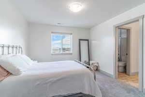 Bedroom with light colored carpet, connected bathroom, and parquet floors