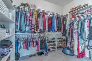 Walk in closet featuring light colored carpet