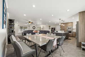 Dining space featuring recessed lighting, and ceiling fan