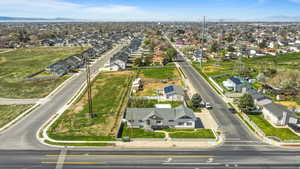 Aerial view of residential area with mountains