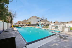 View of pool featuring patio surround, a diving board, a fenced backyard, and a residential view