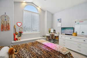 Carpeted bedroom featuring multiple windows and vaulted ceiling